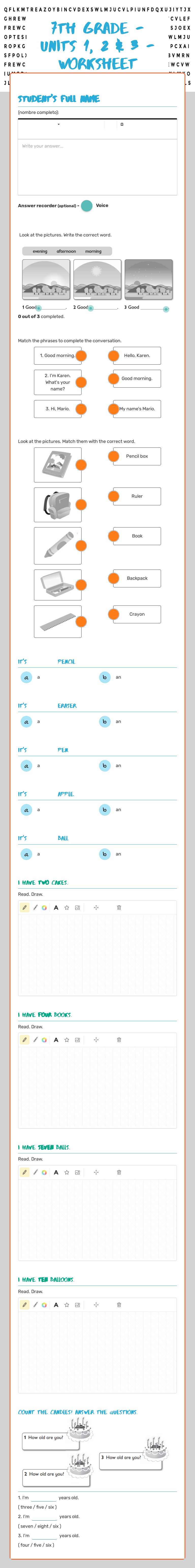 7th Grade - Units 1, 2 & 3 - Worksheet worksheet preview image