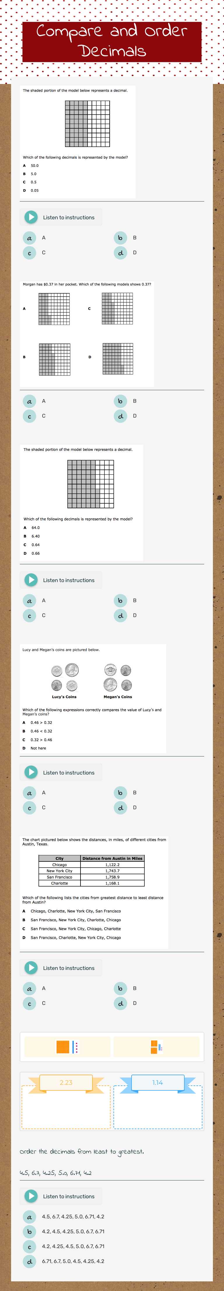 Compare and Order Decimals Grade 4 worksheet preview