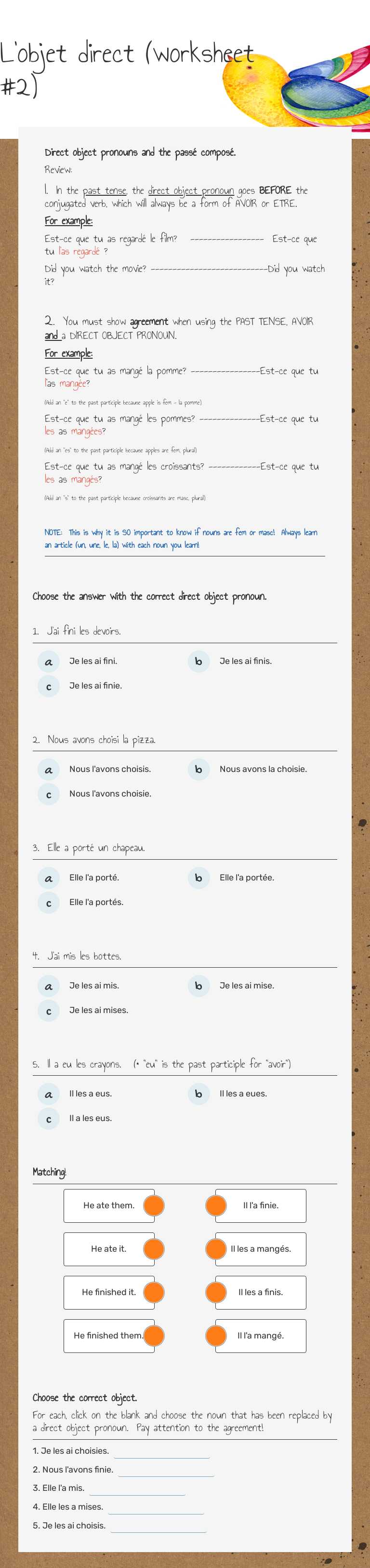 L'objet direct (worksheet #2) worksheet preview image