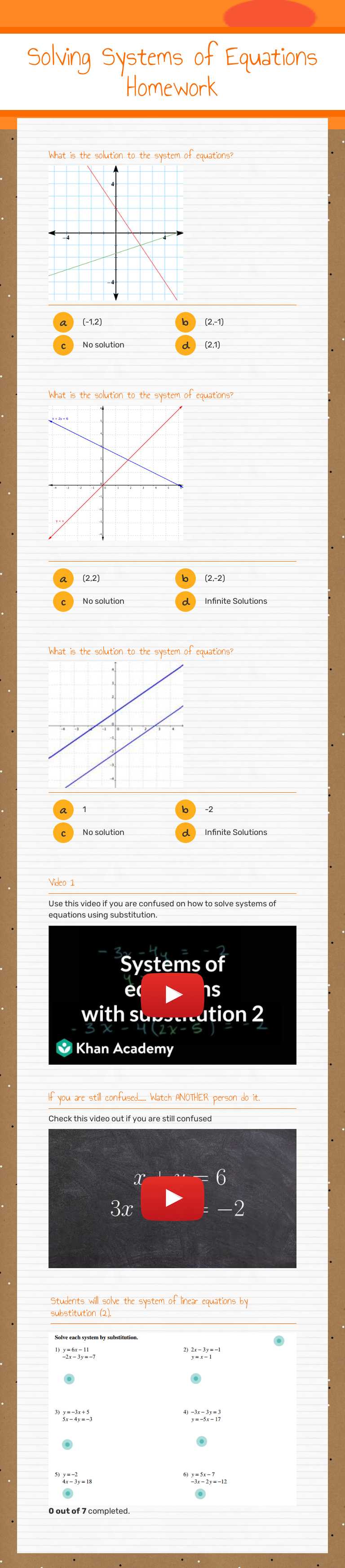 Solving Systems of Equations Homework worksheet preview image
