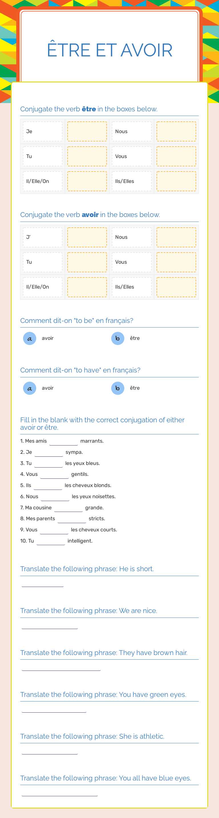 Être et Avoir worksheet preview image