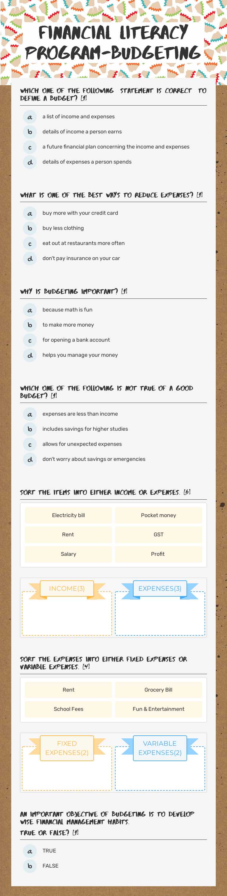 Financial literacy program-Budgeting Grade 10 worksheet preview