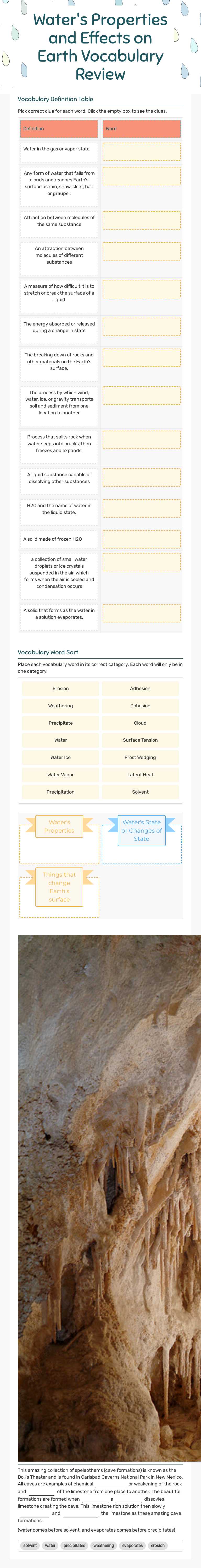 Water's Properties and Effects on Earth Vocabulary Review Grade 9 worksheet preview