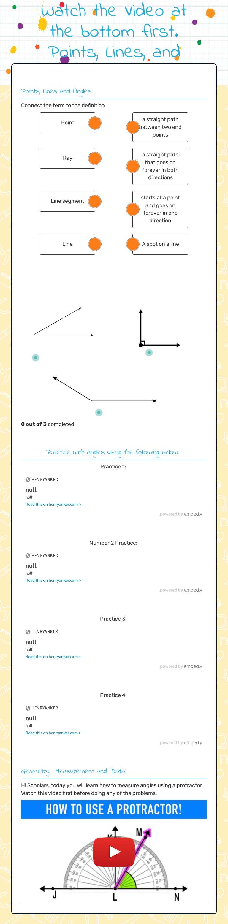 Watch the Video at the bottom first. Points, Lines, and Angles worksheet preview image
