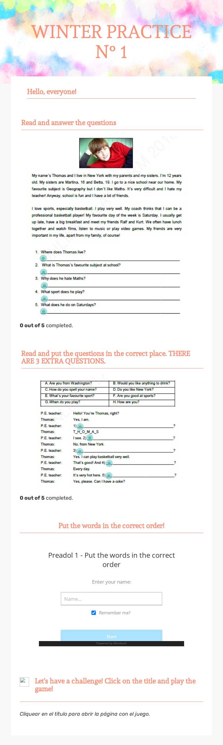 WINTER PRACTICE   
N° 1 Grade 8 worksheet preview