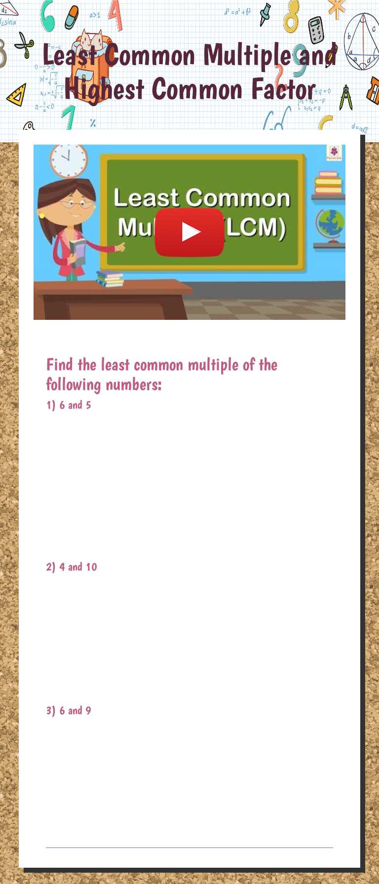Least Common Multiple and Highest Common Factor worksheet preview image