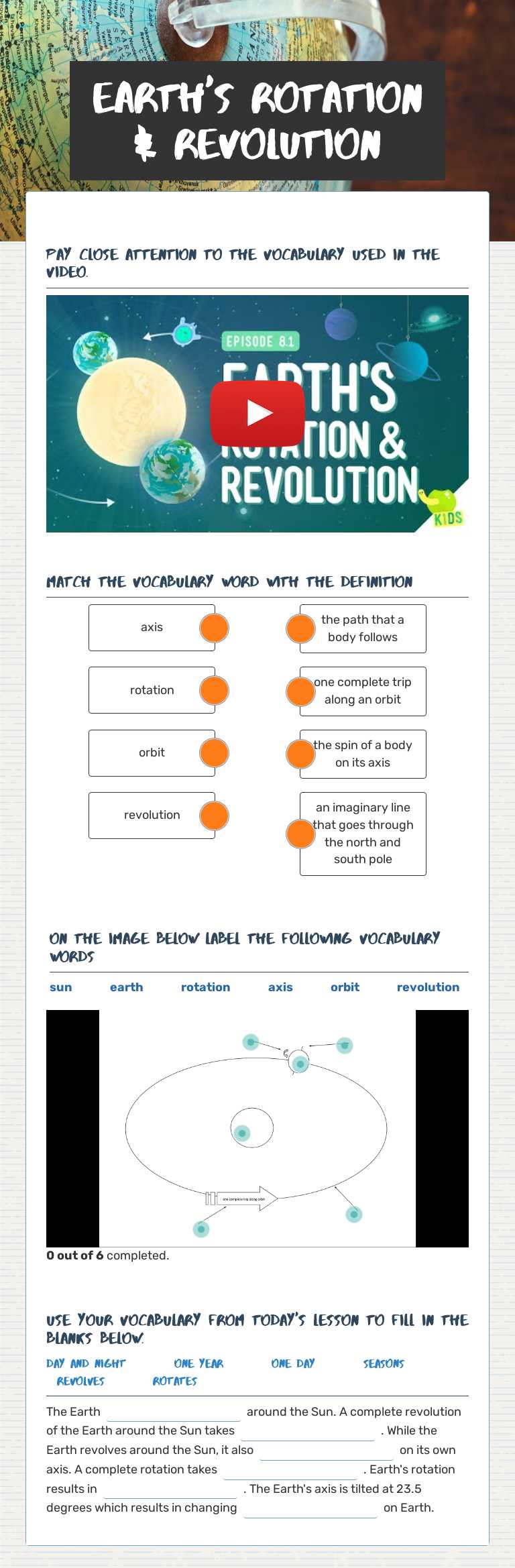 Earth's Rotation & Revolution Grade 6 worksheet preview