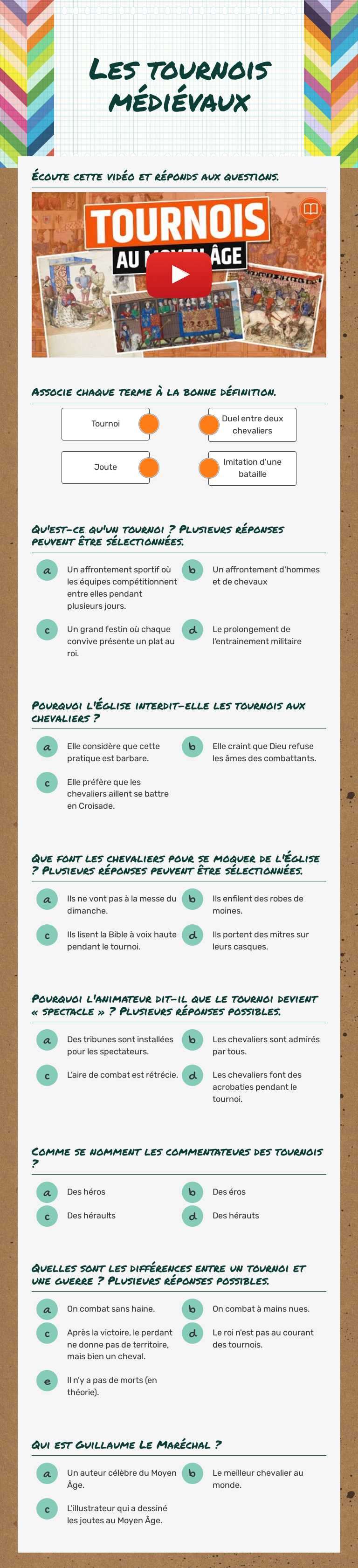 Les tournois médiévaux Grade 7 worksheet preview
