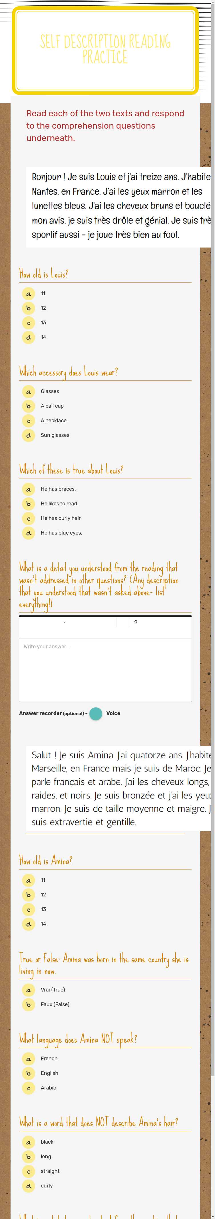 Self Description Reading Practice worksheet preview image