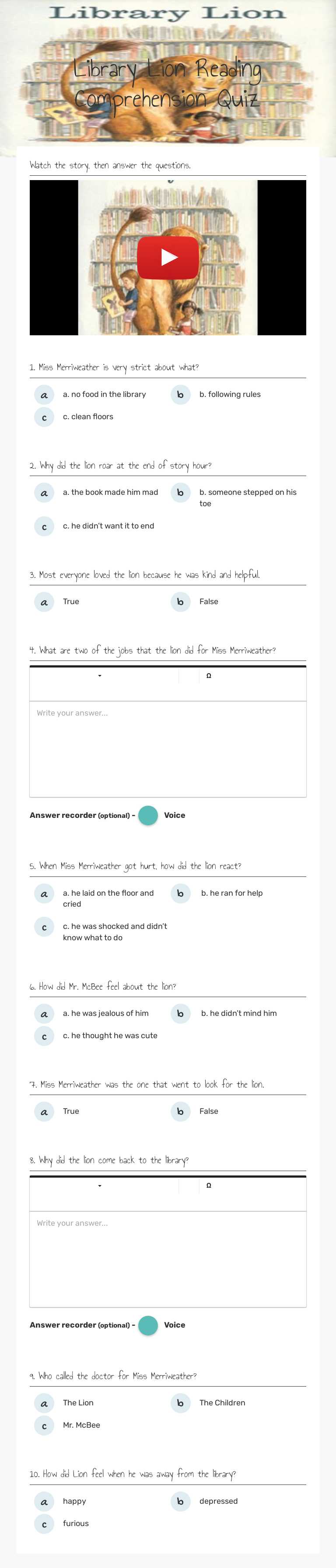 Library Lion Reading Comprehension Quiz worksheet preview image