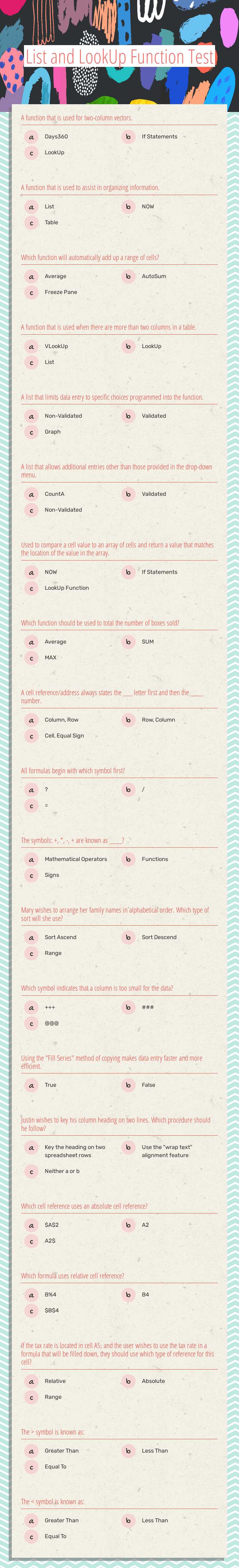 List and LookUp Function Test Grade 8 worksheet preview