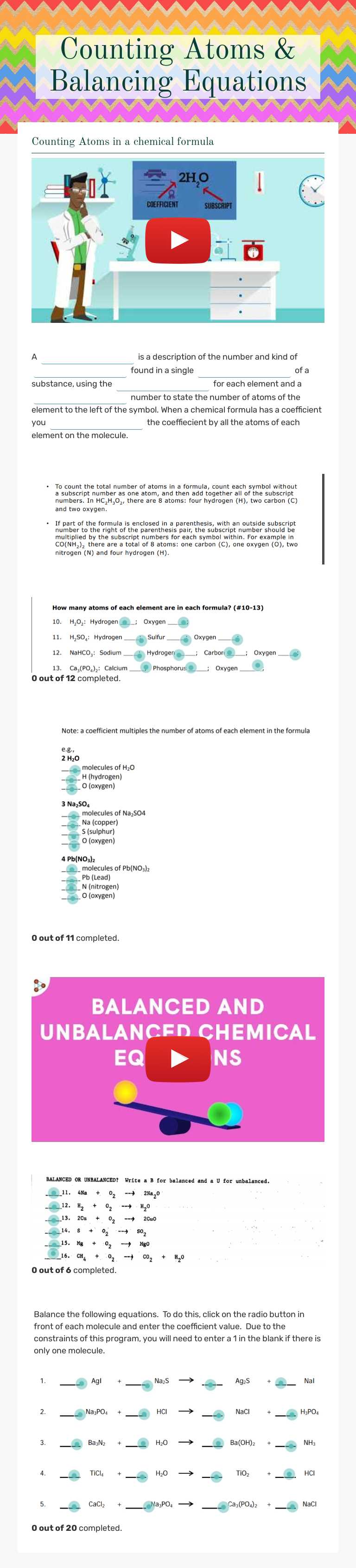 Counting Atoms &  Balancing Equations Grade 8 worksheet preview