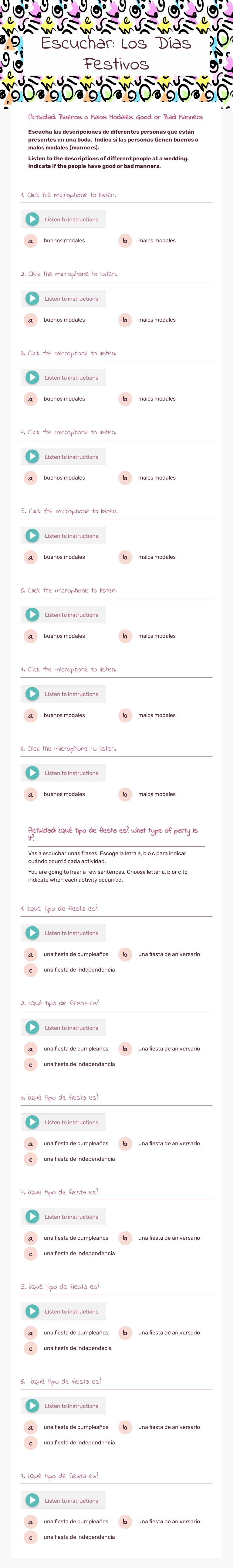 Escuchar: Los Días Festivos worksheet preview image