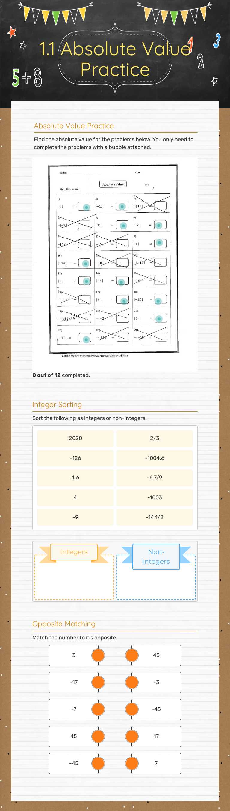 1.1 Absolute Value Practice Grade 7 worksheet preview