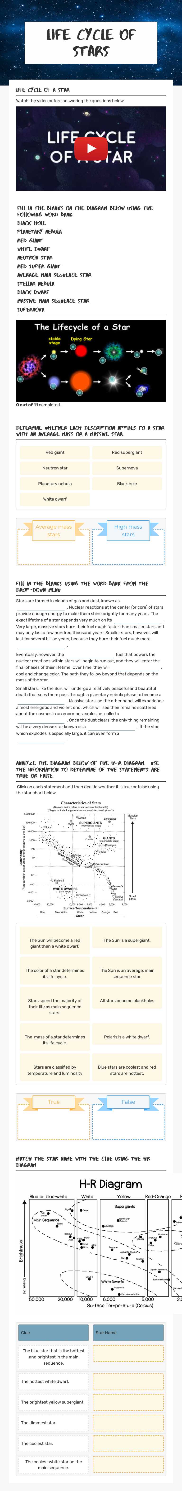 Life Cycle of stars Grade 8 worksheet preview
