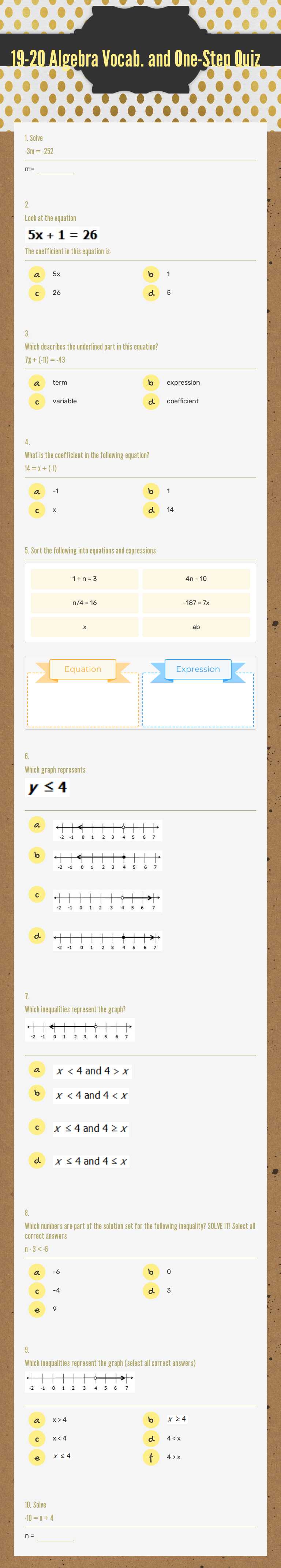 19-20 Algebra Vocab. and One-Step Quiz worksheet preview image