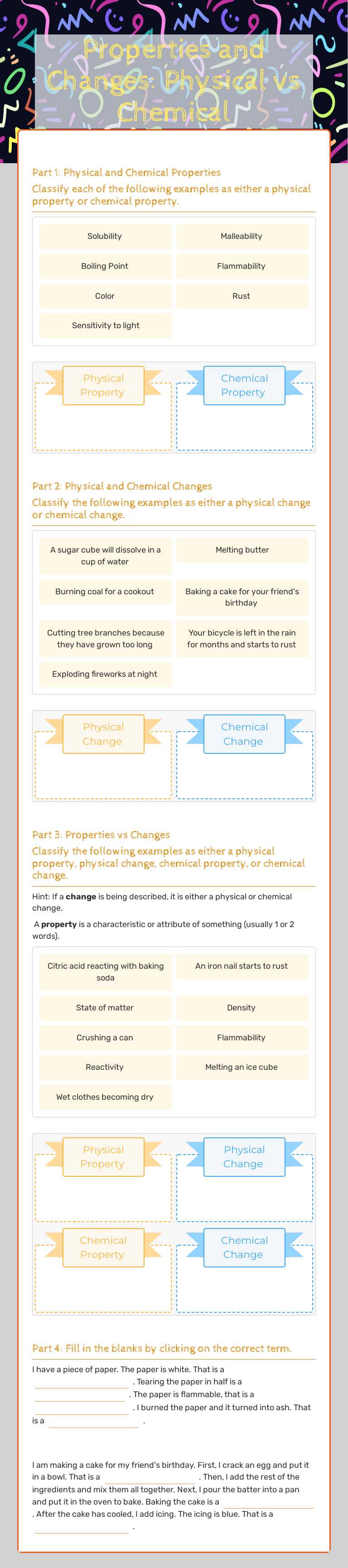 Properties and Changes: Physical vs Chemical worksheet preview image