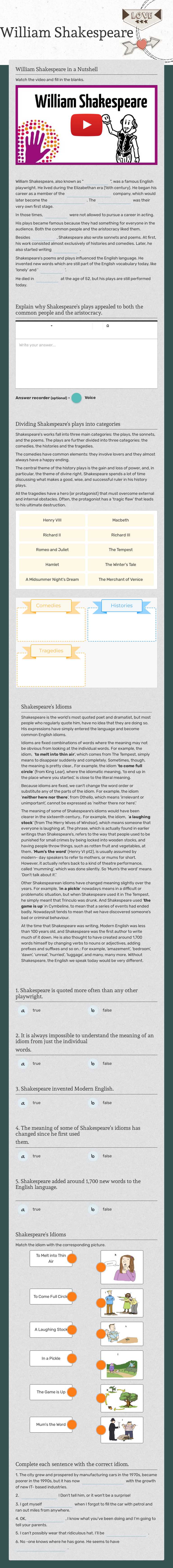 William Shakespeare worksheet preview image