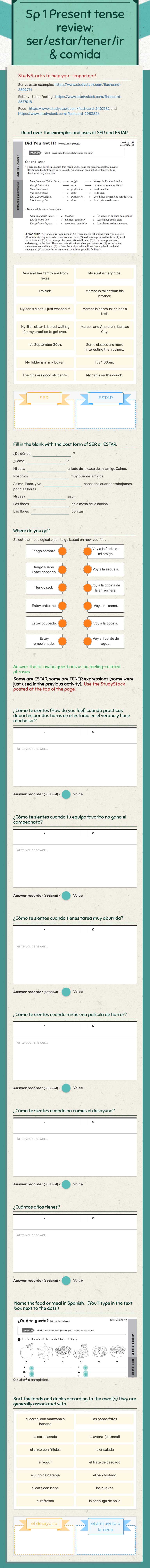 Sp 1 Present tense review:
ser/estar/tener/ir  & comida worksheet preview image