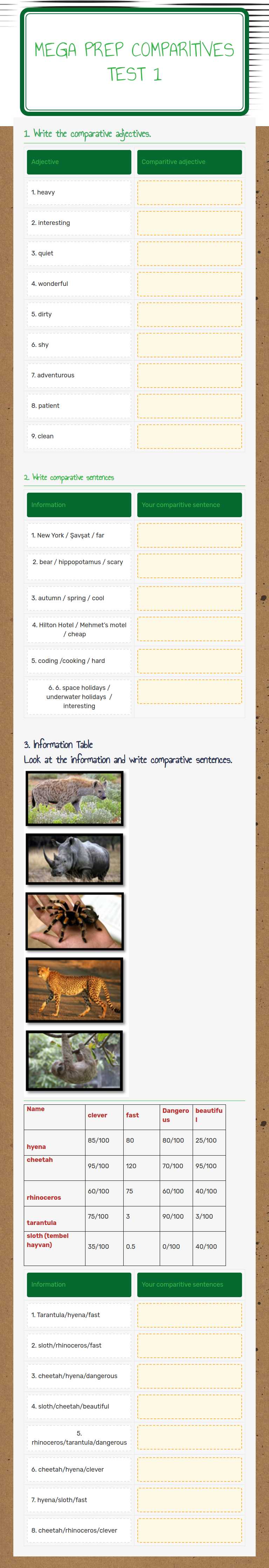 Mega Prep cOMPARITIVES tEST 1 worksheet preview image