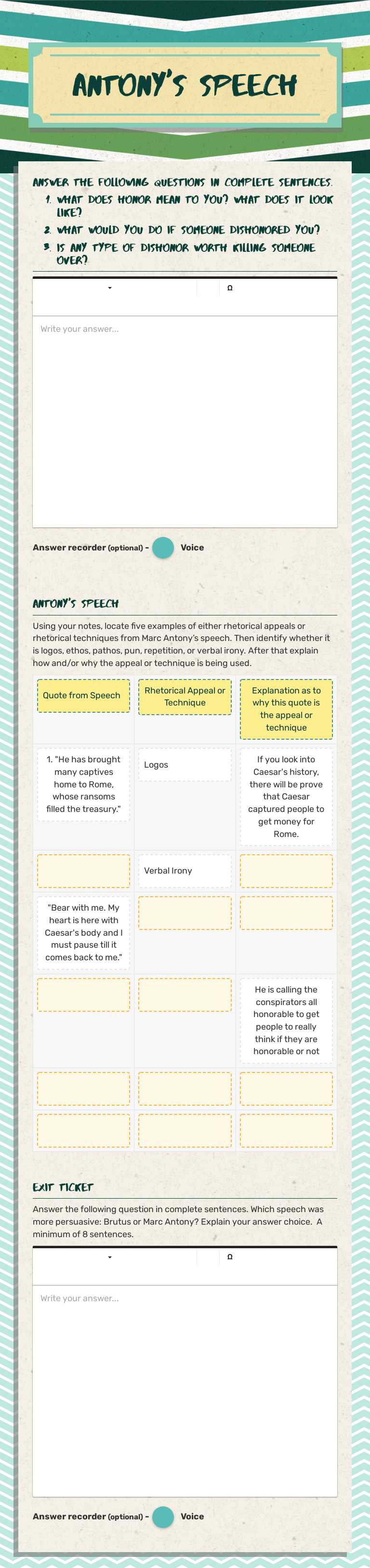 Antony's Speech worksheet preview image