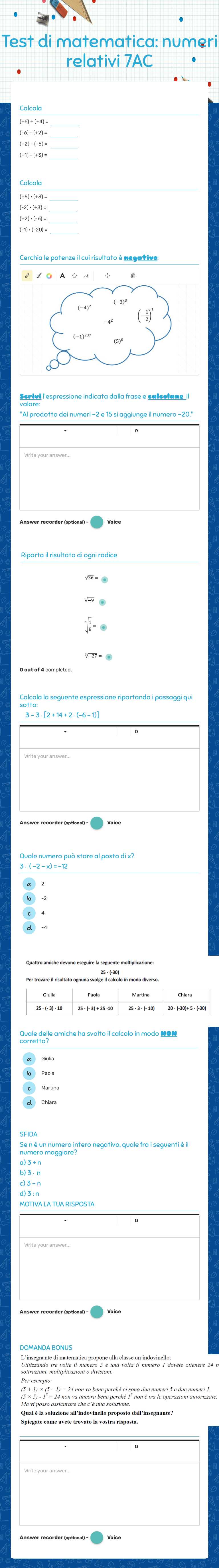 Test di matematica: 
numeri relativi 7AC worksheet preview image