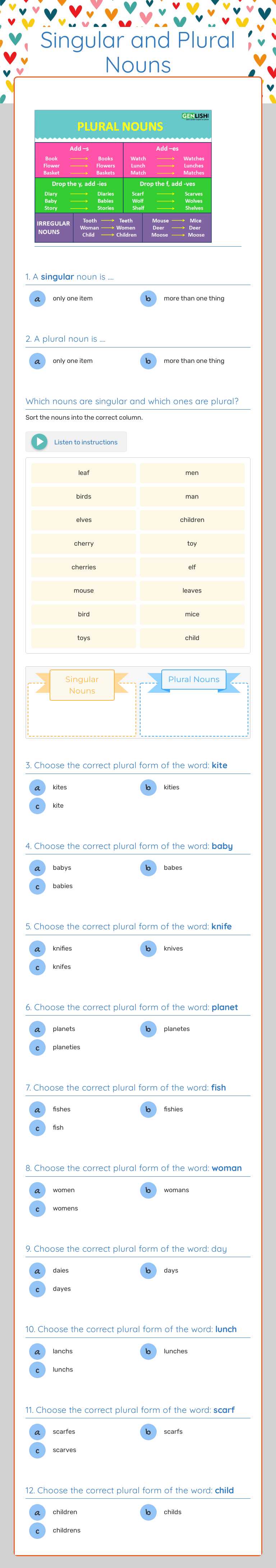 Singular and Plural Nouns Grade 7 worksheet preview