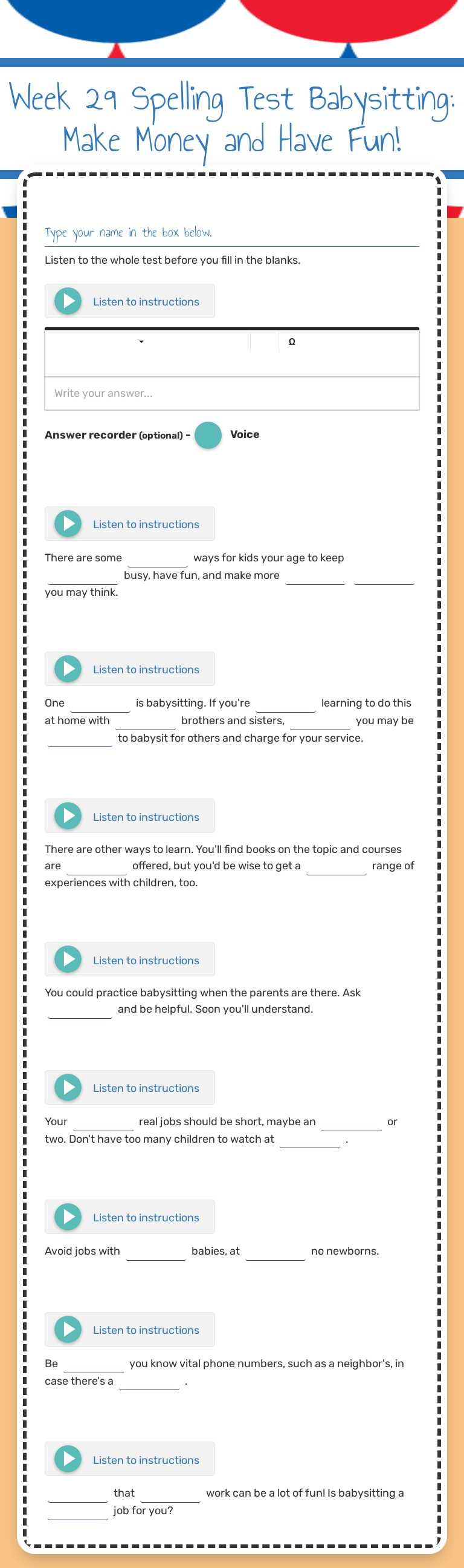 Week 29 Spelling Test
Babysitting: Make Money and Have Fun! worksheet preview image