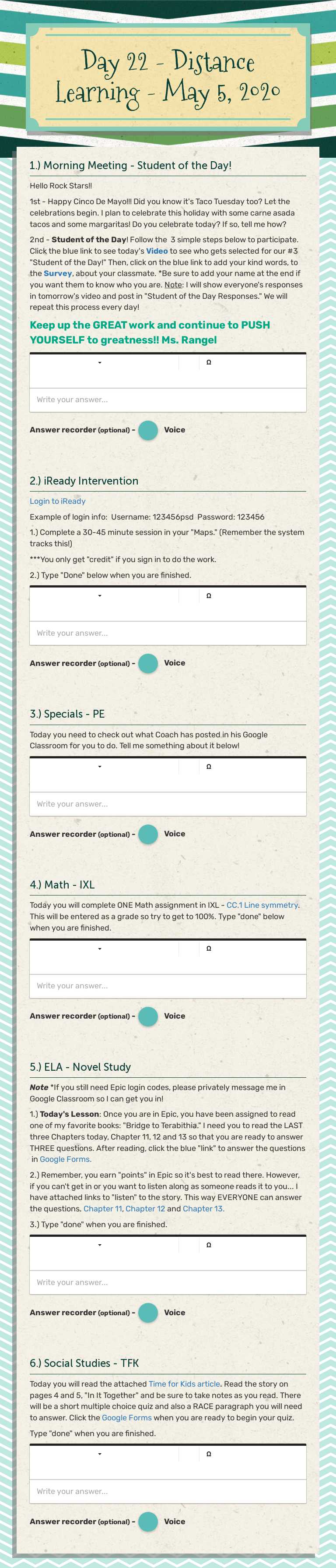 Day 22 - Distance Learning - May 5, 2020 Grade 5 worksheet preview