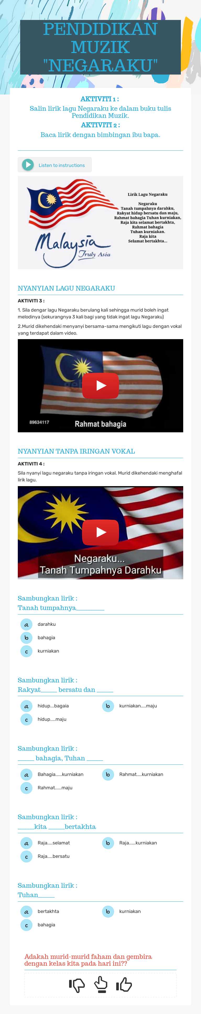 PENDIDIKAN MUZIK  "NEGARAKU" worksheet preview image