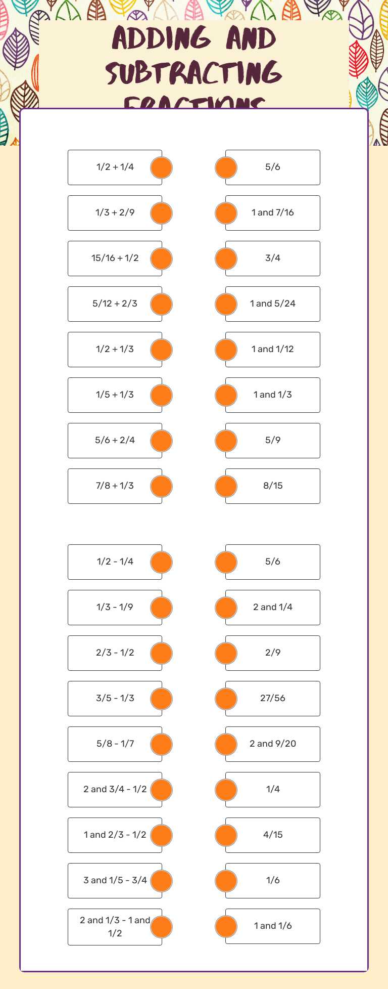 Adding and subtracting Fractions worksheet preview image