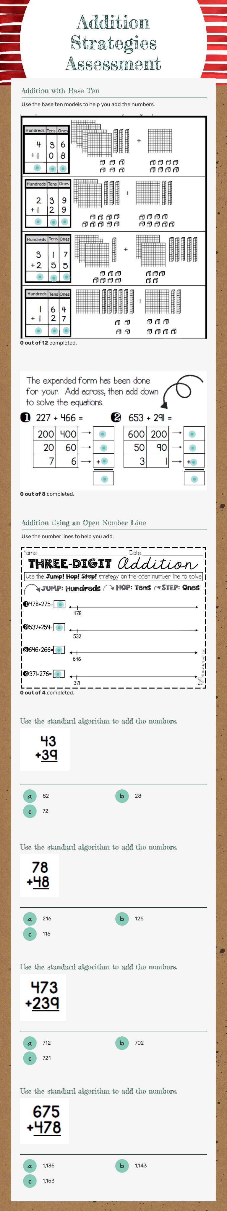 Addition Strategies Assessment worksheet preview image