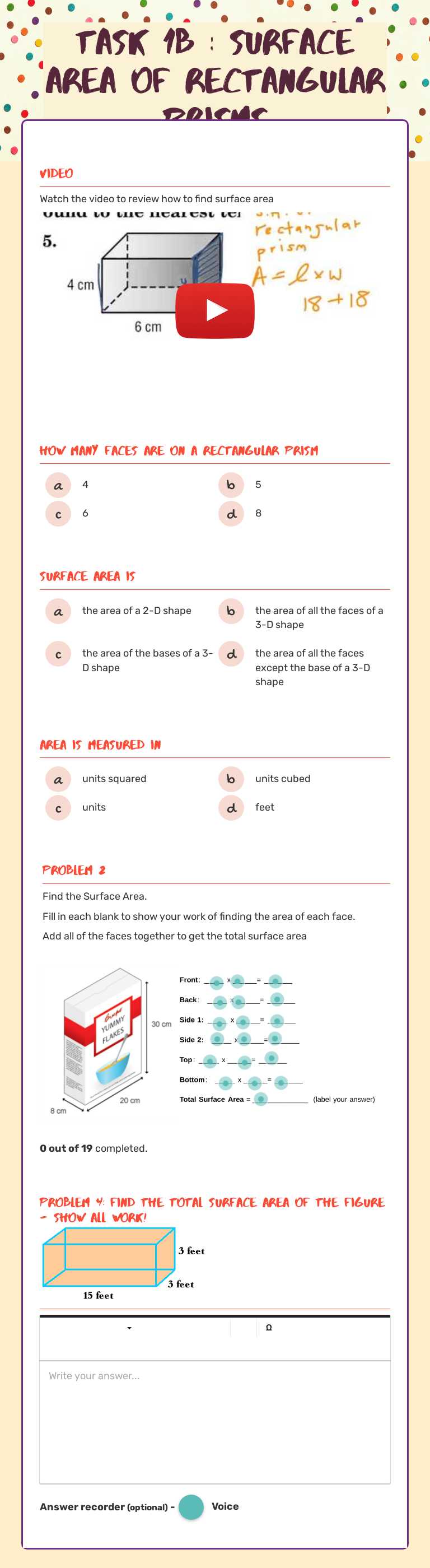Task 1B : Surface Area of Rectangular PRisms Grade 7 worksheet preview