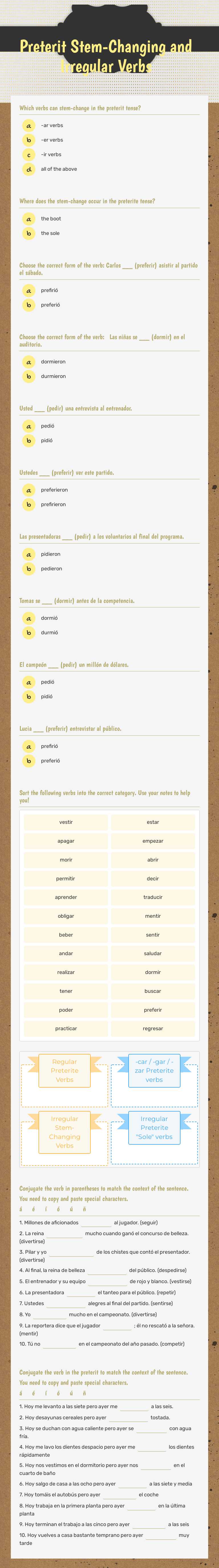 Preterit Stem-Changing and Irregular Verbs worksheet preview image