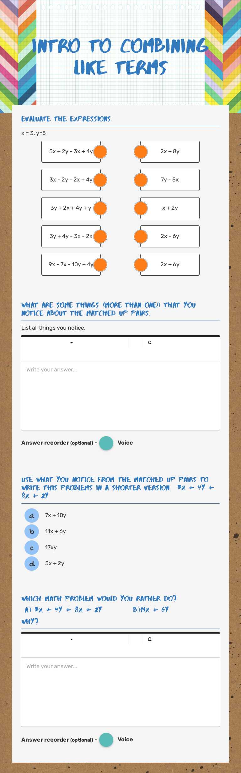 Intro to Combining like Terms worksheet preview image