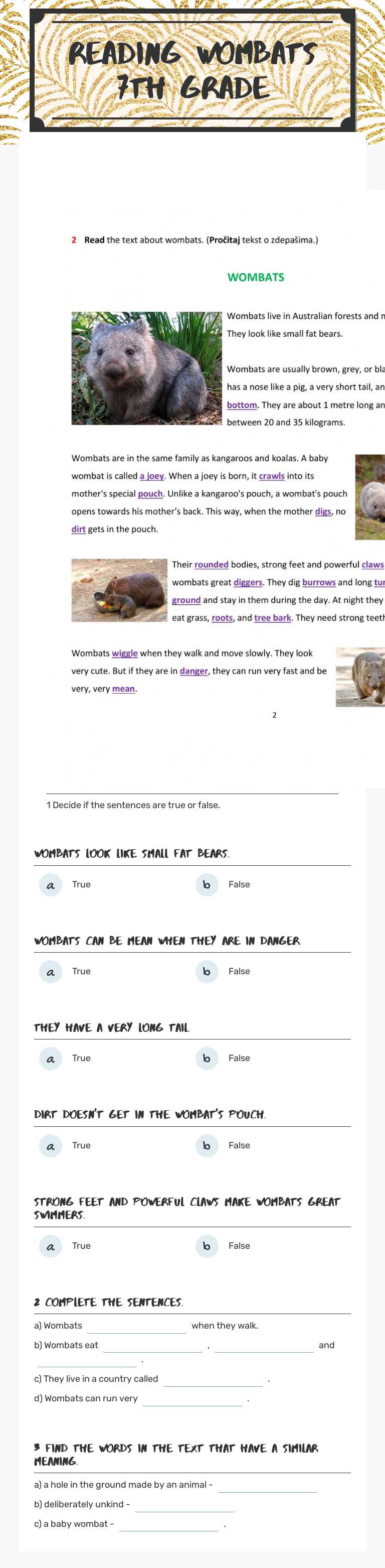 READING 
wombats 
7th grade Grade 7 worksheet preview