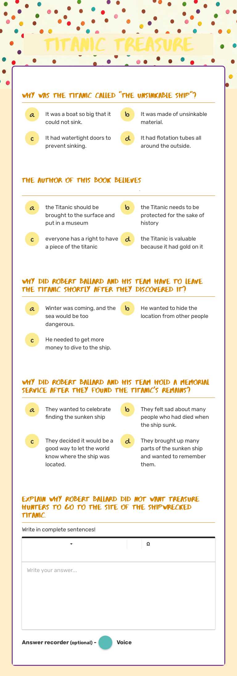 titanic treasure worksheet preview image