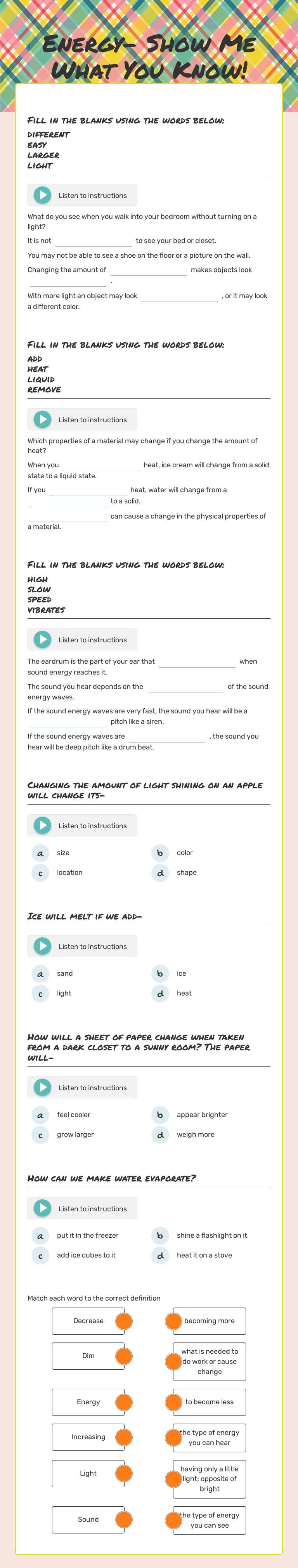 Energy- Show Me What You Know! Grade 2 worksheet preview