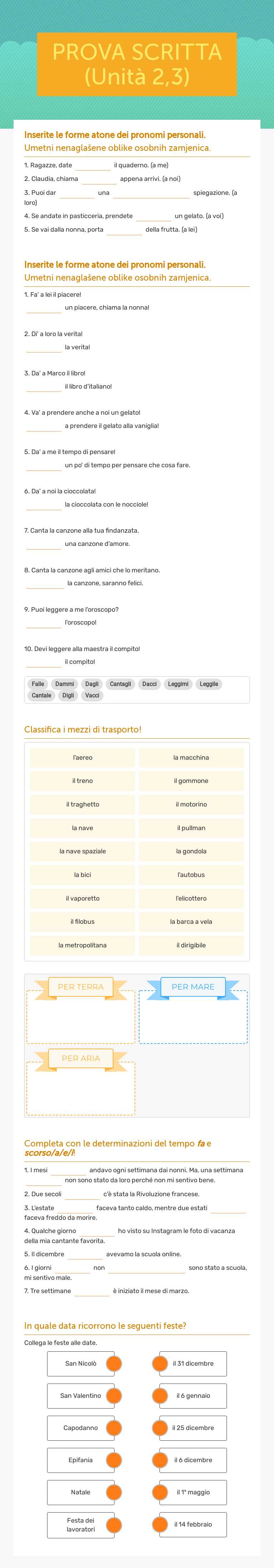 PROVA SCRITTA (Unità 2,3) worksheet preview image