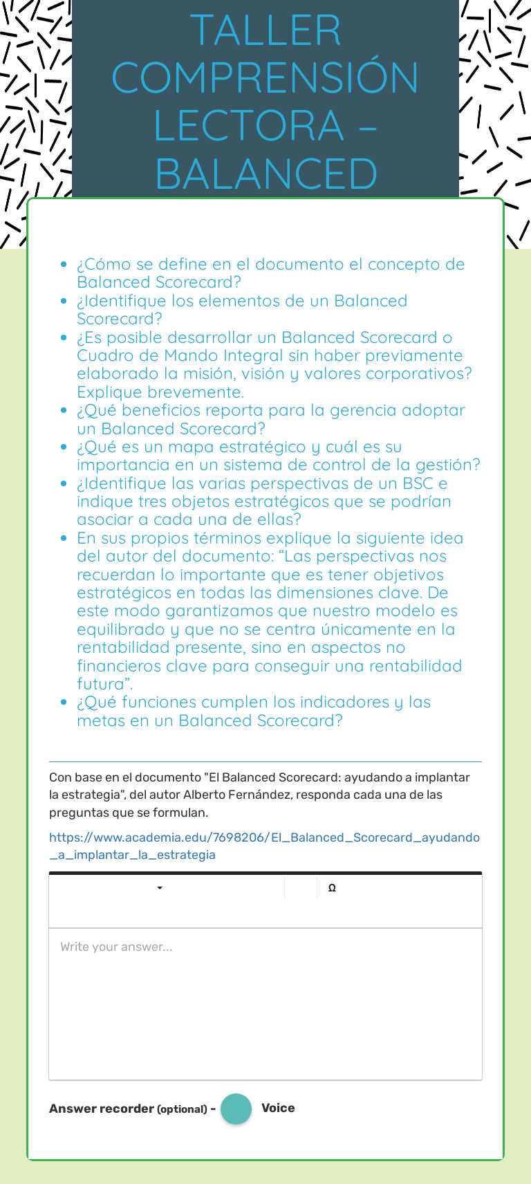 TALLER COMPRENSIÓN LECTORA – BALANCED SCORECARD worksheet preview image
