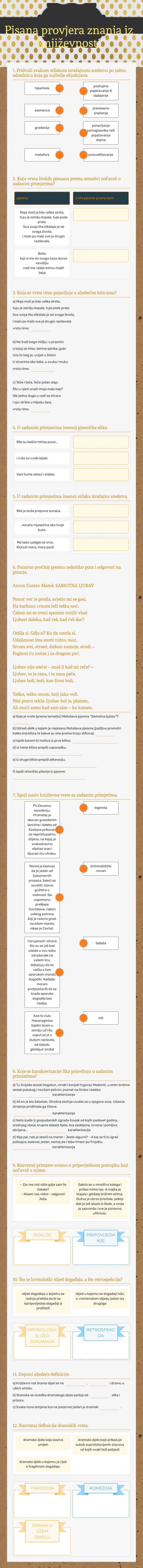 Pisana provjera znanja iz književnosti worksheet preview image