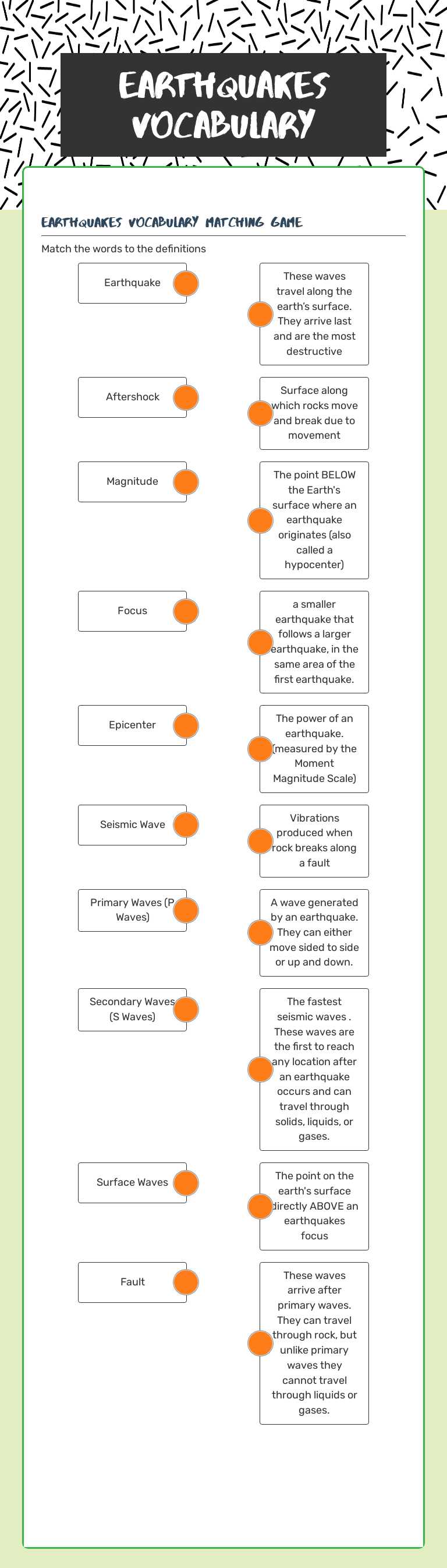 Earthquakes vocabulary Grade 4 worksheet preview