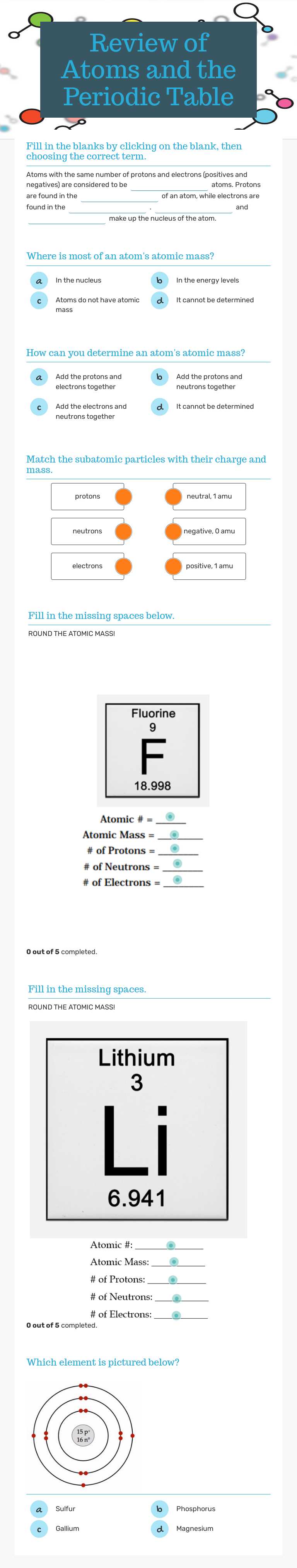 Review of Atoms and the Periodic Table worksheet preview image