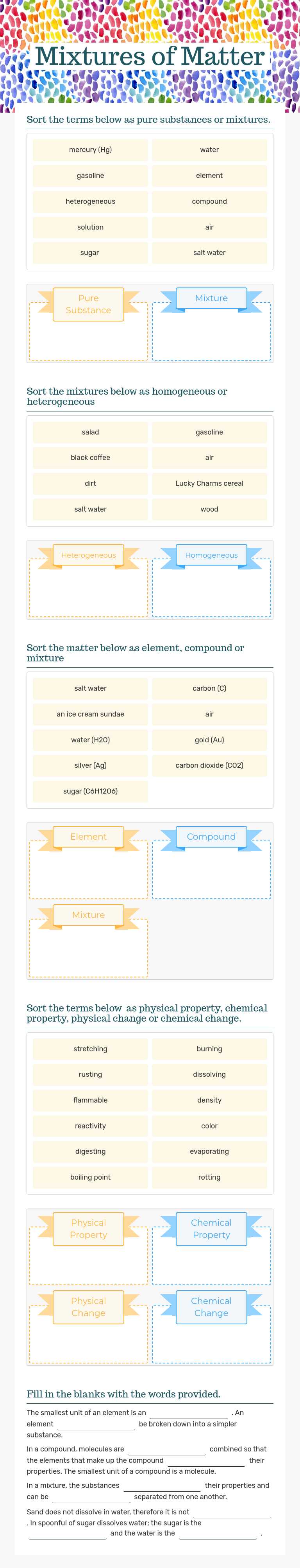 Mixtures of Matter Grade 9 worksheet preview