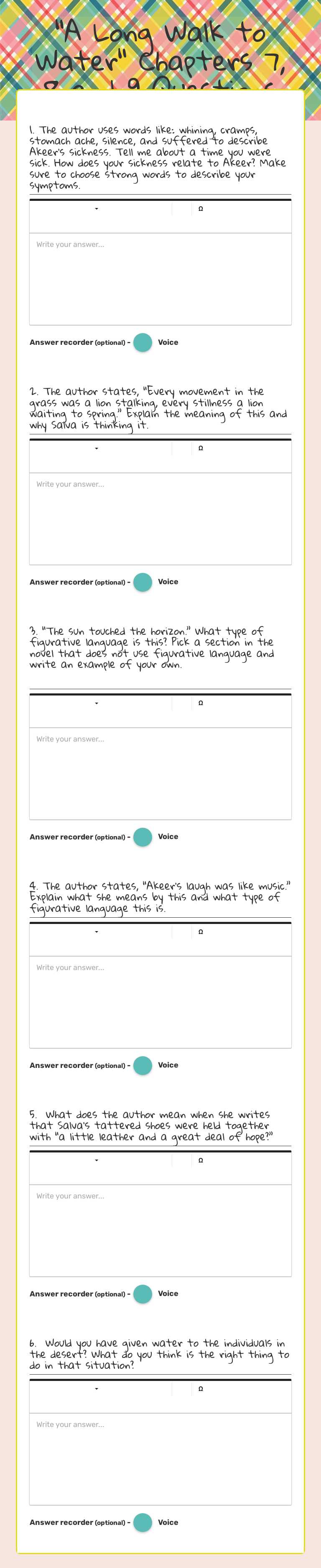 "A Long Walk to Water" Chapters 7, 8 and 9  Questions worksheet preview image