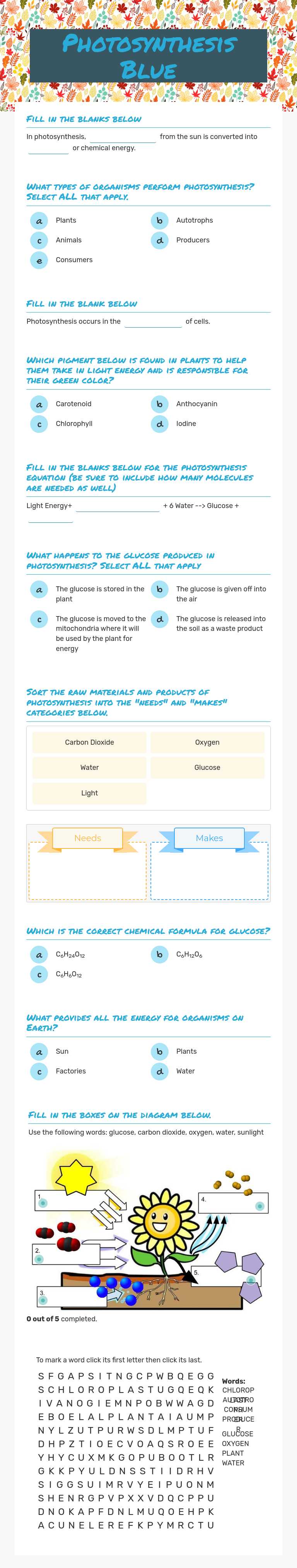Photosynthesis     Blue worksheet preview image