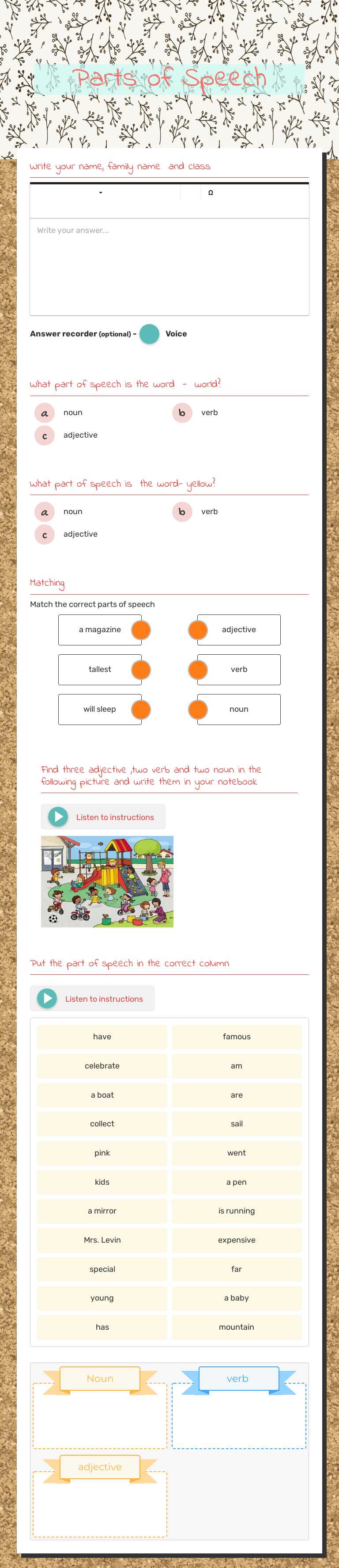 Parts of Speech Grade 7 worksheet preview