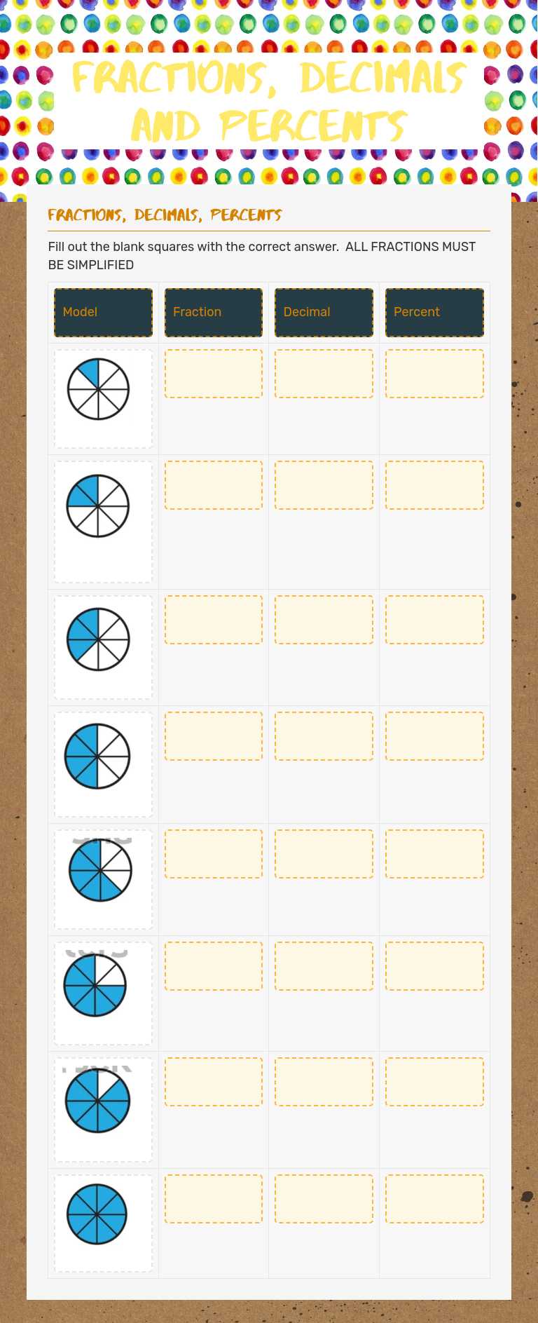Fractions, Decimals and Percents worksheet preview image