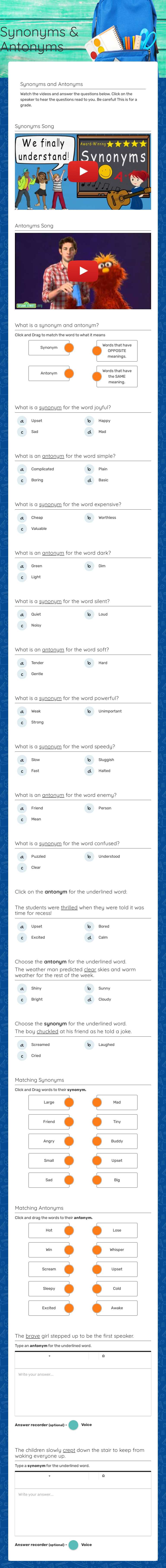 Synonyms & Antonyms Grade 3 worksheet preview