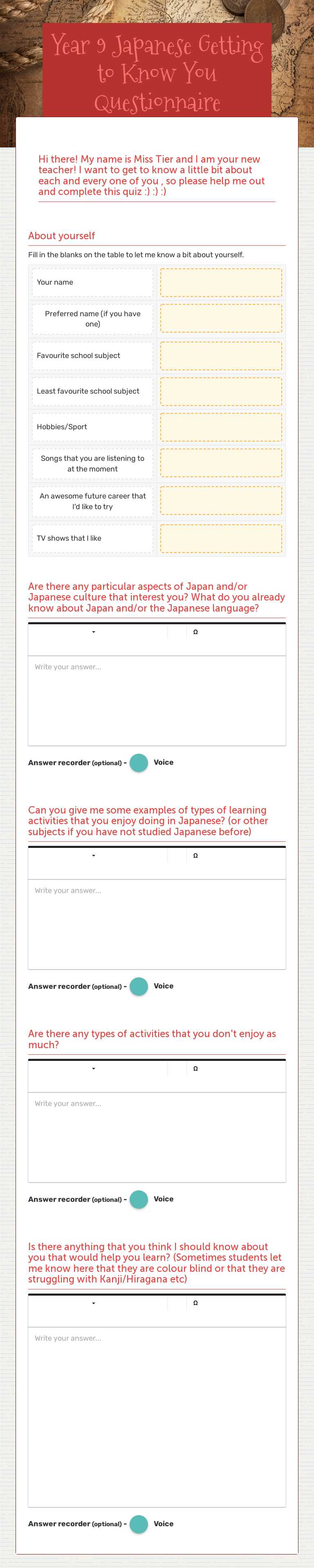 Year 9 Japanese Getting to Know You Questionnaire Grade 9 worksheet preview